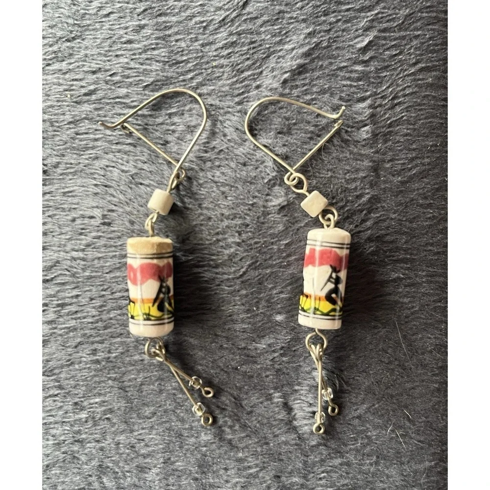 Vintage Peru Ceramic‎ Animal Earrings Colorful Beaded Southwest Boho Dangle